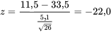 z=\frac{11,5-33,5}{\frac{5,1}{,\sqrt{ 26}}}=-22,0