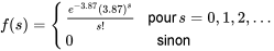 f(s)= \begin{cases}\frac{e^{-3.87}(3.87)^{s}}{s !} &amp; \text { pour } s=0,1,2, \ldots \\ 0 &amp; \text { sinon }\end{cases}