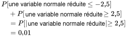 \begin{aligned} & P[\text { une variable normale réduite } \leq-2,5] \\ & \quad+P[\text { une variable normale réduite } \geq 2,5] \\ & \quad=P[\mid \text { une variable normale réduite } \mid \geq 2,5] \\ & \quad=0,01 \end{aligned}