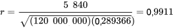 r=\frac{5 840}{\sqrt{(120 000 000)(0,289366)}}=0,9911