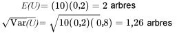 \begin{aligned}E(U) &amp; =(10)(0,2)=2 \text { arbres } \\\sqrt{\operatorname{Var}(U)} &amp; =\sqrt{10(0,2)(0,8)}=1,26 \text { arbres }\end{aligned}