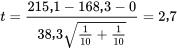 t=\frac{215,1-168,3-0}{38,3 \sqrt{\frac{ 1}{ 10}+\frac{ 1}{ 10}}}=2,7