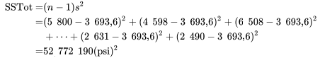 \begin{aligned} \text { SCTot }= & (n-1) s^2 \\ = & (5 800-3 693,6)^2+(4 598-3 ,693,6)^2+(6 508-3 693,6)^2 \\ & +\cdots+(2 631-3 693,6)^2+(2 490-3 693,6)^2 \\ = & 52 \: 772 \: 190 \text{ psi}^2 \end{aligned}