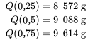 \begin{aligned}Q(0,25) &amp; = 8,572 \mathrm{~g} \\Q(0,5) &amp; = 9,088 \mathrm{~g} \\Q(0,75) &amp; = 9,614 \mathrm{~g}\end{aligned}