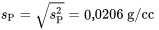 s_{\mathrm{P}}=\sqrt{s_{\mathrm{P}}^2}=0,0206 \mathrm{~g} / \mathrm{cc}