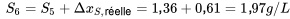 (S_6 = S_5 + \Delta x_{S,\text{réelle}} = 1.36 + 0,61 = 1,97 g/L