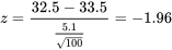 z=\frac{32,5-33,5}{\frac{5,1}{\sqrt{ 100}}}=-1,96