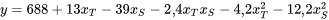 y = 688 + 13x_T - 39x_S - 2,4 x_T x_S - 4,2 x_T^2 - 12,2 x_S^2