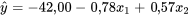 \hat{y}=-42,00-0,78 x_1+0,57 x_2