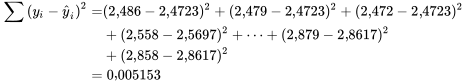 \begin{aligned} \sum\left(y_i-\hat{y}_i\right)^2= &amp; (2,486-2,4723)^2+(2,479-2,4723)^2+(2,472-2,4723)^2 \\ &amp; +(2,558-2,5697)^2+\cdots+(2,879-2,8617)^2 \\ &amp; +(2,858-2,8617)^2 \\ = &amp; 0,005153 \end{aligned}