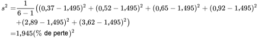 \begin{aligned}s^{2 }= &amp; \frac{1 }{6-1}\left((0,37-1,495)^{2 }+(0,52-1,495)^{2 }+(0,65-1,495)^{2 }+(0,92-1,495)^{2 }\right. \\&amp; \left.+(2,89-1,495)^{2 }+(3,62-1,495)^{2 }\right) \\= &amp; 1,945(\% \text { de pertes })^{2 }\end{aligned}