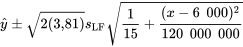 \hat{y} \pm \sqrt{2(3,81)} s_{\mathrm{LF}} \sqrt{\frac{ 1}{ 15}+\frac{(x-6 000)^2}{120 000 000}}