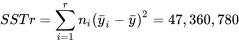 S C T r=\sum_{i=1}^{r} n_{i}\left(\bar{y}_{i}-\bar{y}\right)^2=47 \: 360 \: 780