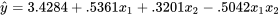 \hat{y} = 3,4284 + 0,5361 x_ + 0,3201 x_ - 0,5042 x_ x_