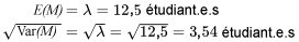 \begin{aligned}E(M) & =\lambda=12,5 \text { étudiant.e.s } \\\sqrt{\operatorname{Var}(M)} & =\sqrt{\lambda}=\sqrt{12,5 }=3,54 \text { étudiant.e.s }\end{aligned}