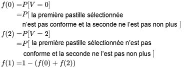 \begin{aligned}f(0)= & P[V=0] \\= & P[\text {la première pastille sélectionnée est non conforme et } \\& \text { la deuxième pastille est également non conforme}] \\f(2)= & P[V=2] \\= & P[\text {la première pastille sélectionnée est conforme et } \\& \text { la deuxième pastille sélectionnée est également conforme}] \\f(1)= & 1-(f(0)+f(2))\end{aligned}