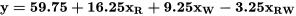 \mathbf{y = 59,75 + 16,25x_R + 9,25x_W - 3,25x_{RW}}