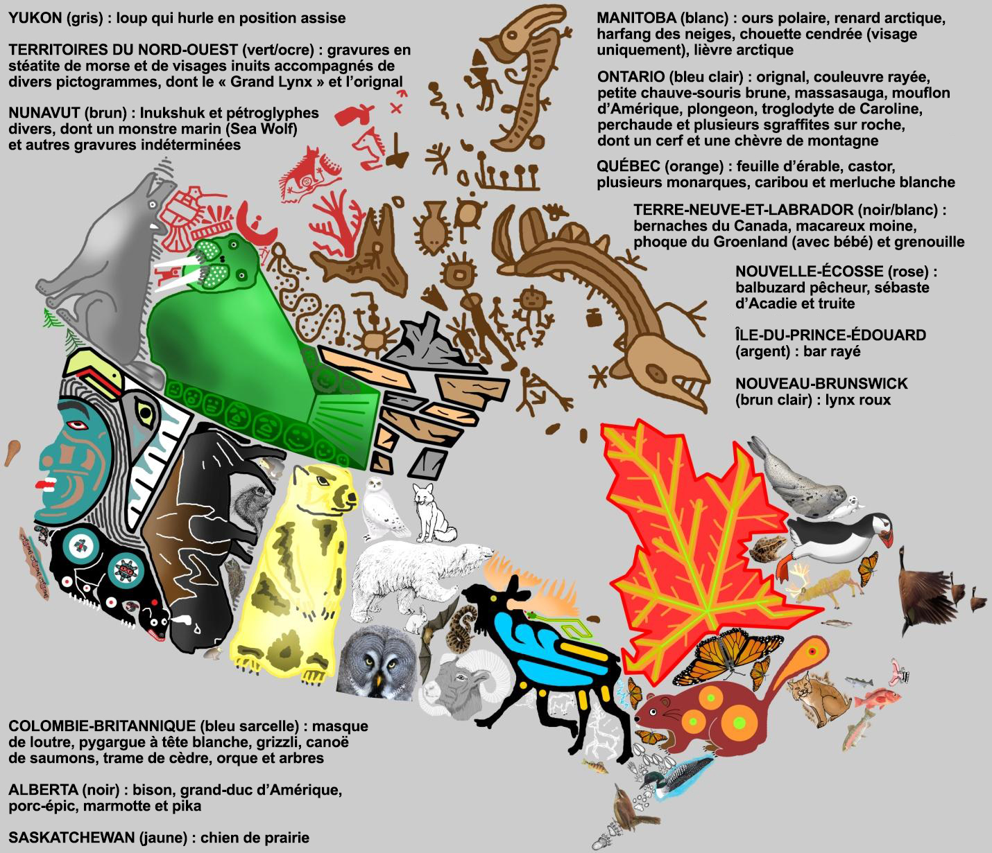 Carte du Canada montrant les œuvres d’art autochtones associées à chaque province et territoire