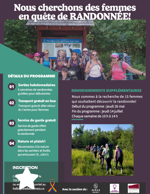 Dépliant intitulé « Looking for women who want to hike » montrant un groupe de 7 femmes au début d’un sentier