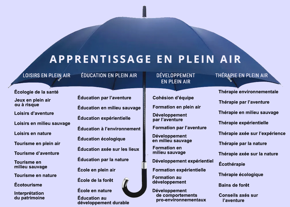 Image d’un parapluie représentant l’apprentissage en plein air, divisé en quatre catégories : Loisirs en plein air, éducation en plein air, perfectionnement en plein air et thérapie en plein air.