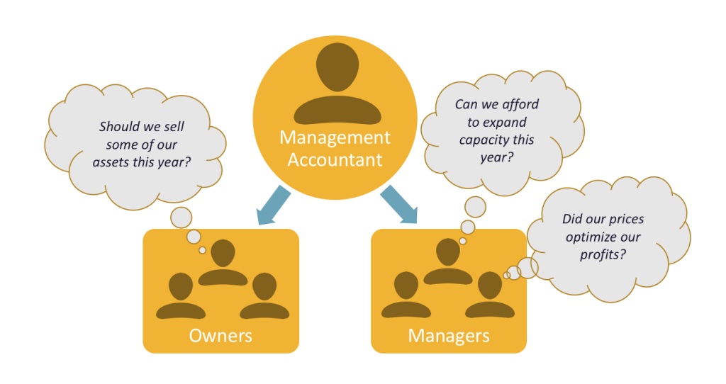 Graphic showing the Management Accountant at the center, with their relationships with the Owners and Managers Groups branching out from that. Speech bubbles show the owners considering “Should we sell some of our assets this year?” whereas the Managers are thinking “Can we afford to expand capacity this year?” and “Did our prices optimize our profits?”