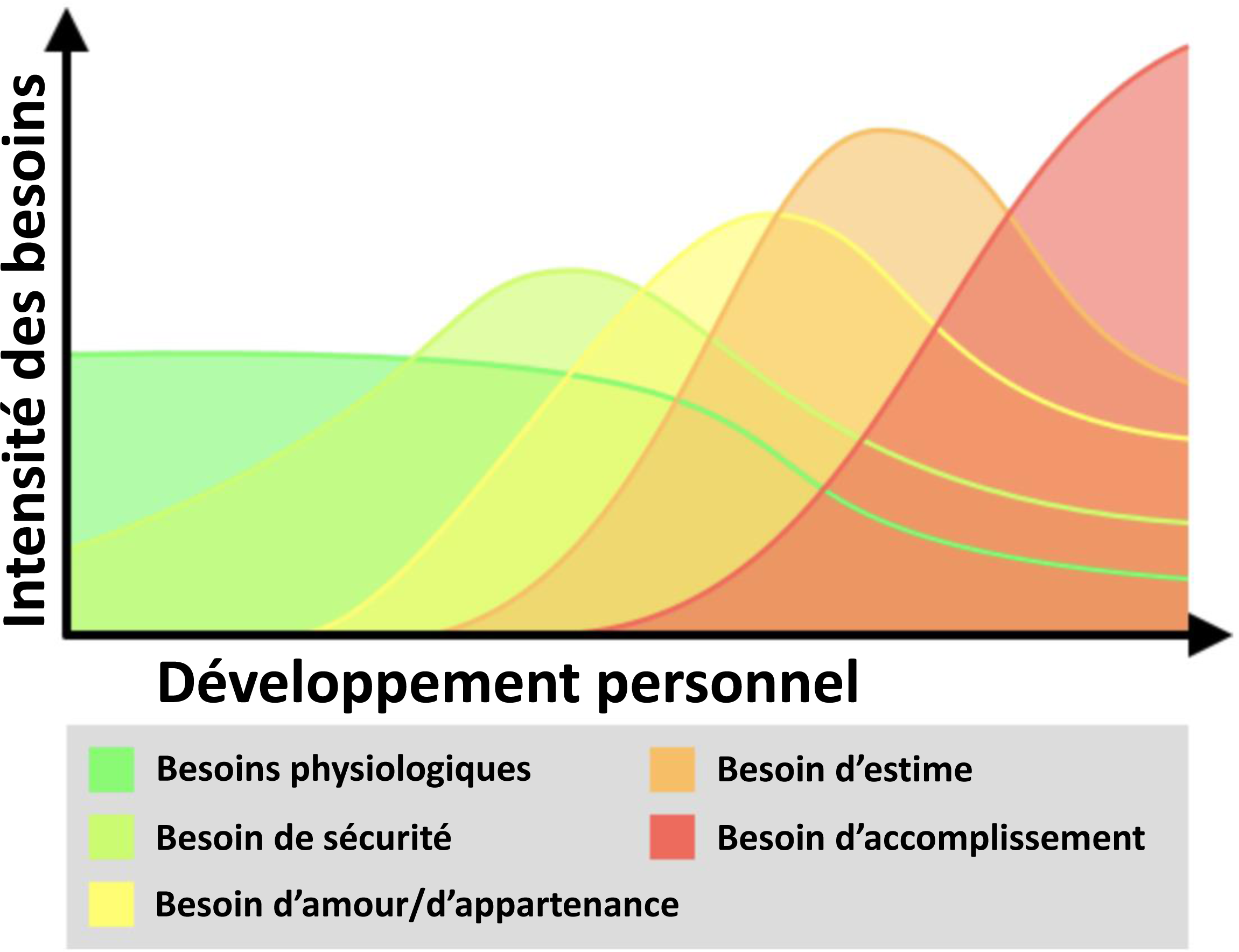 Tendances dynamiques de la hiérarchie des besoins de Maslow. La figure décrit les liens dynamiques entre l’intensité des besoins et le développement personnel et leurs interactions avec les divers éléments de la hiérarchie de Maslow.