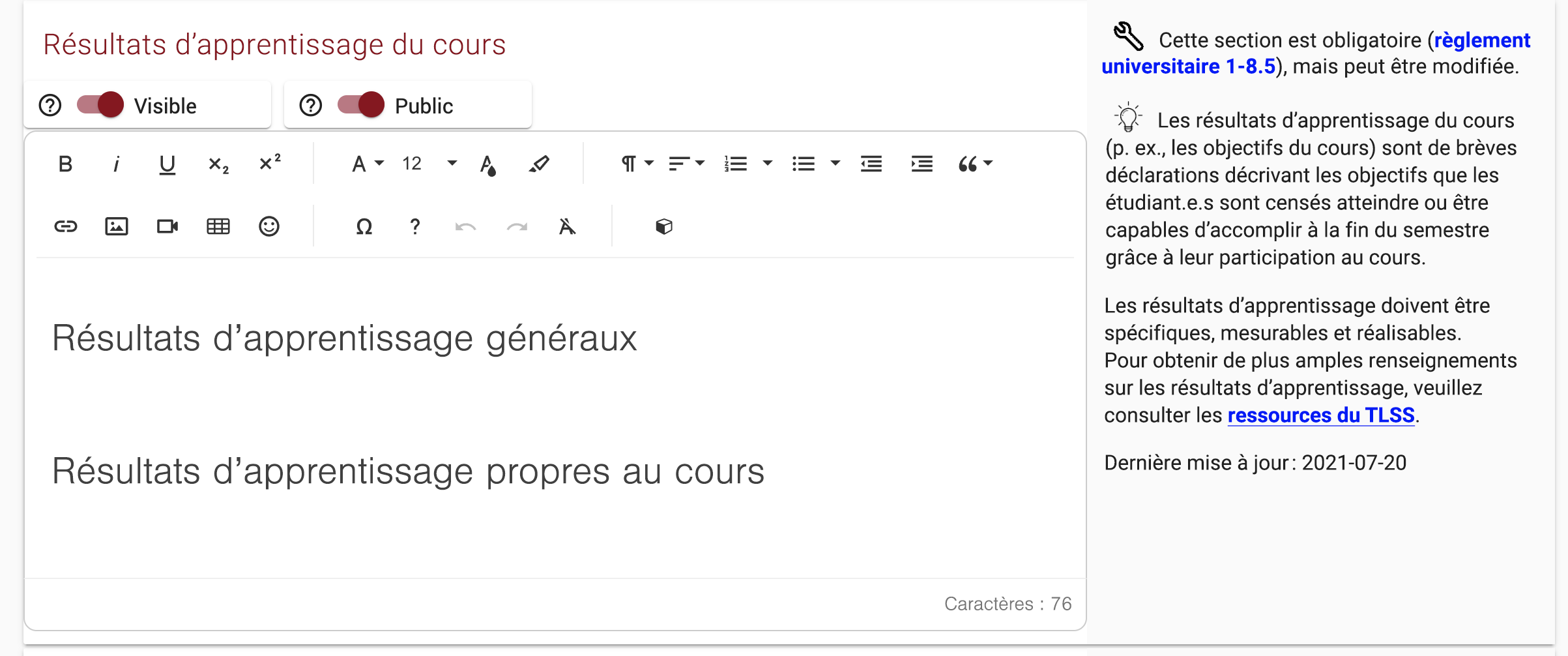 Capture d’écran de la section des résultats d’apprentissage du cours de l’outil en ligne Simple Syllabus