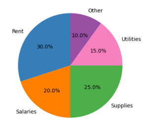 Pie chart showing expense distribution: Rent 30.0%, Salaries 20.0%, Supplies 25.0%, Utilities 15.0%, Other 10.0%.