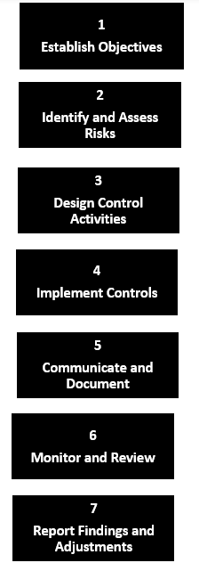 A vertical flowchart depicts the seven steps in the development of an internal control system: Establish Objectives, Identify and Assess Risks, Design Control Activities, Implement Controls, Communicate and Document, Monitor and Review, Report Findings and Adjustments.