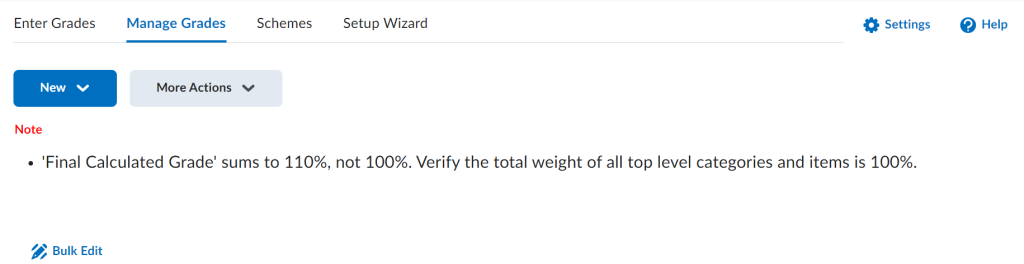 FOL Gradebook error message that says "Final Calculated Grad sums to 110%. Verify the total weight of all top level categores and itesm is 100%."