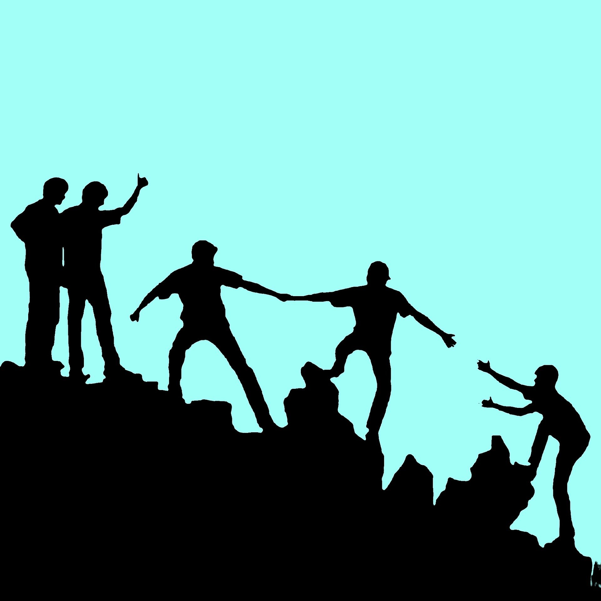 Decorative image of five people helping each other climb up a rocky hill.