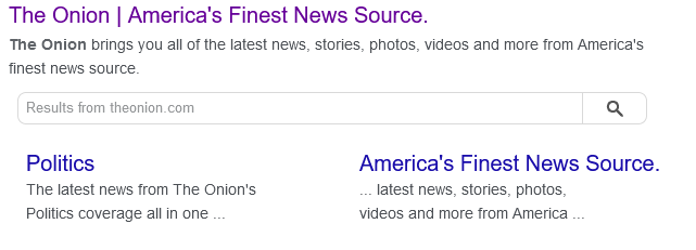 Screenshot a google search listing the satirical "onion" website.