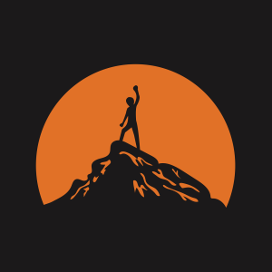 Decorative image of a person with their fist raised in the air on top of a mountain.