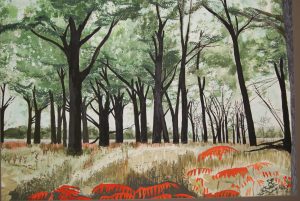 Used with permission (2024)Oak Savanna and tall prairie grasses - art by Russell Nahdee