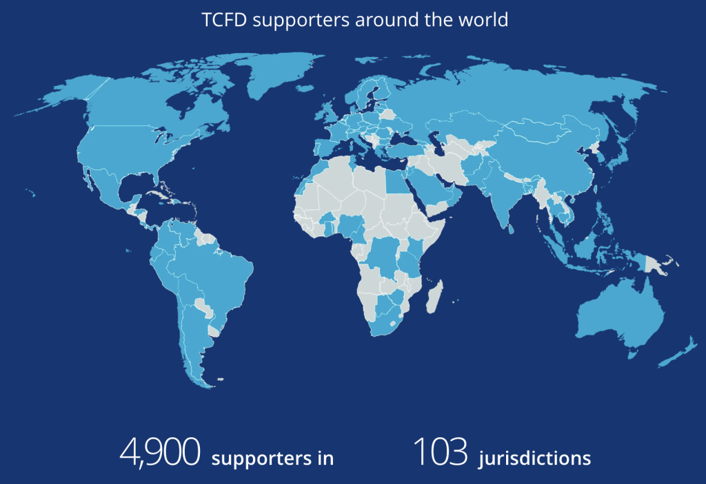 A world map with supporters for the TCFD. The map highlights that TCFD has 4,900 supporters across 103 jurisdictions worldwide.