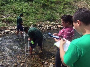 A group of researchers performing tests to assess the water quality of a lake.