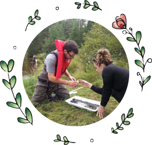 A photo of two students engaging in environmental science by a riverside. The image is decorated with flower drawings