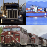 The image shows a collage of different modes of transportation, including a large semi-truck trailer, a container ship at a port, and a freight train