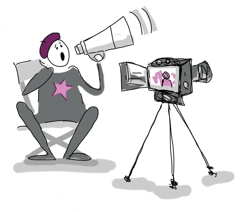 Cartoon drawing of a movie producer sitting behind a video camera, speaking into a loud speaker