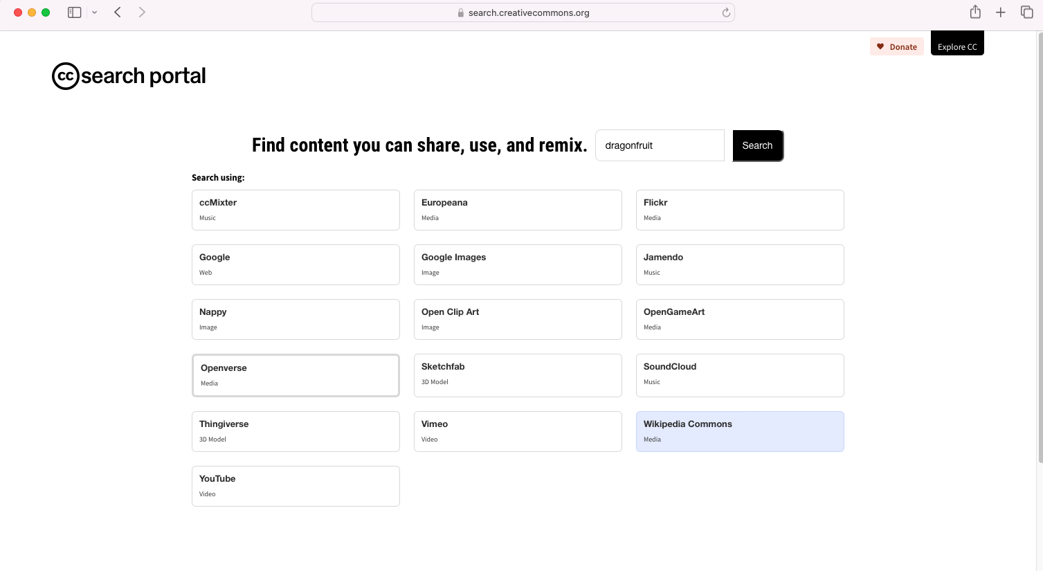 Creative Commons search engine webpage
