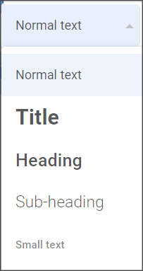 Heading style options from top to bottom: Normal text, title, heading, sub-heading, small text