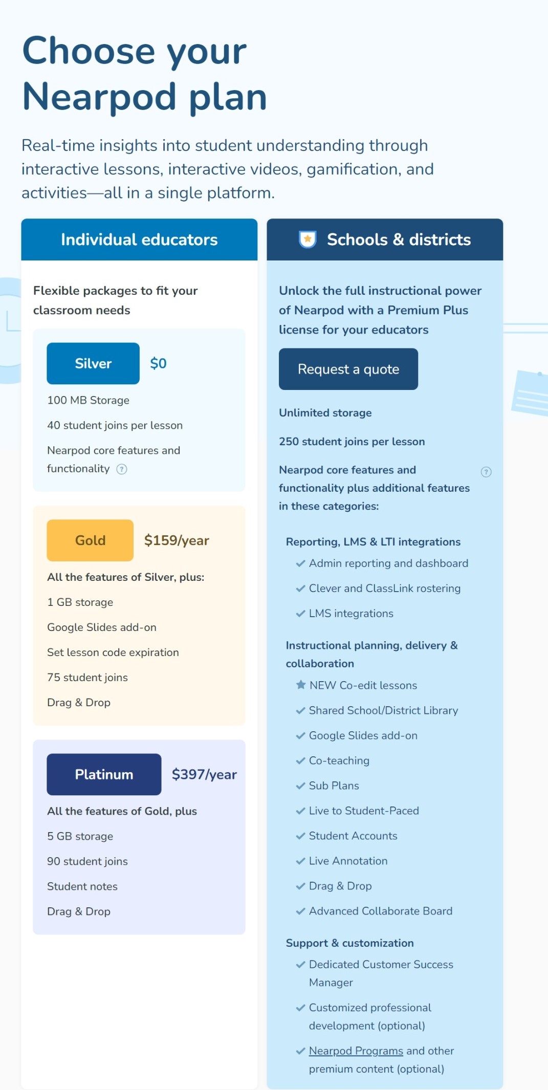 Screenshot of Nearpod pricing plans