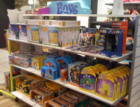 shelves in a toy store filled with blue toys