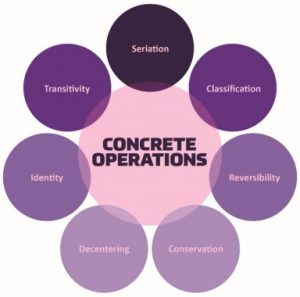 Image of the cognitive skills developed during the concrete operational stage. (seriation, classification, reversibility, conservation, decentering, identity, transitivity)