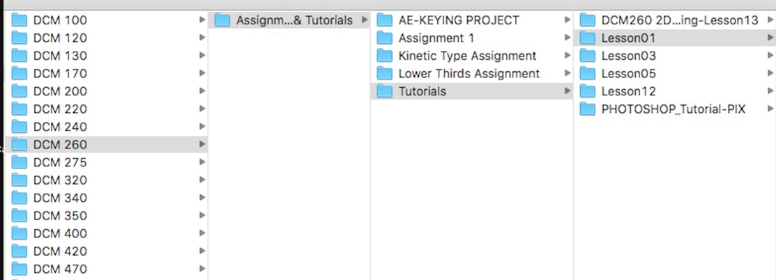 Example of student directory on shared computer network: 4 columns. 1st column: list of courses. 2nd column: assignment folder. 3rd column: assignment subfolders, Tutorial folder highlighted. 4th column: expanded Tutorial folder containing lessons