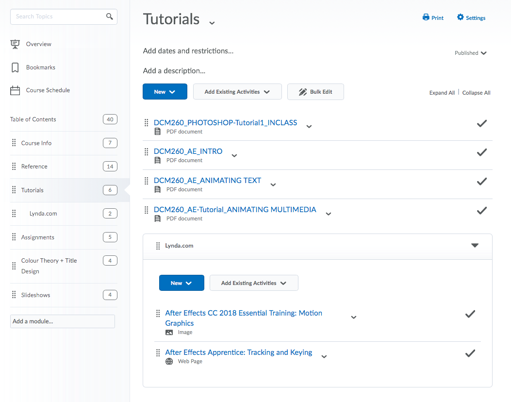 Screen capture of the tutorials page in D2 Showing the course contents and links to the LinkedIn Learning tutorial content