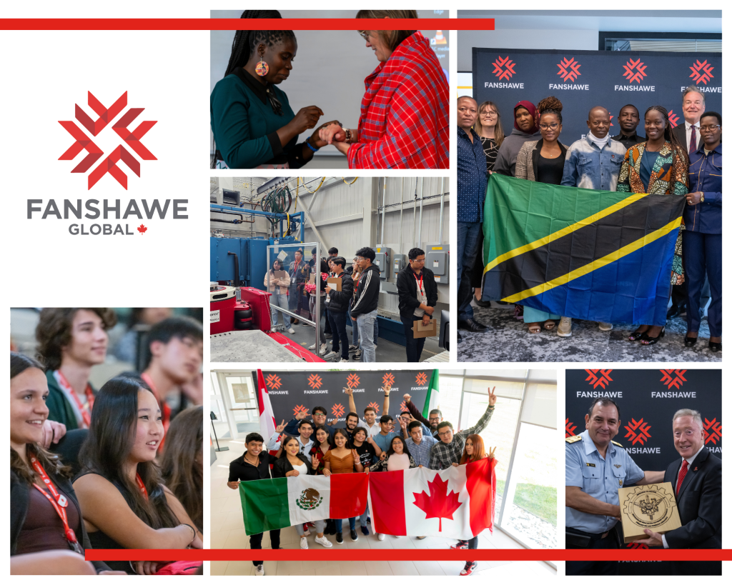 A collage of six photos showing various students and partners visiting Fanshawe College