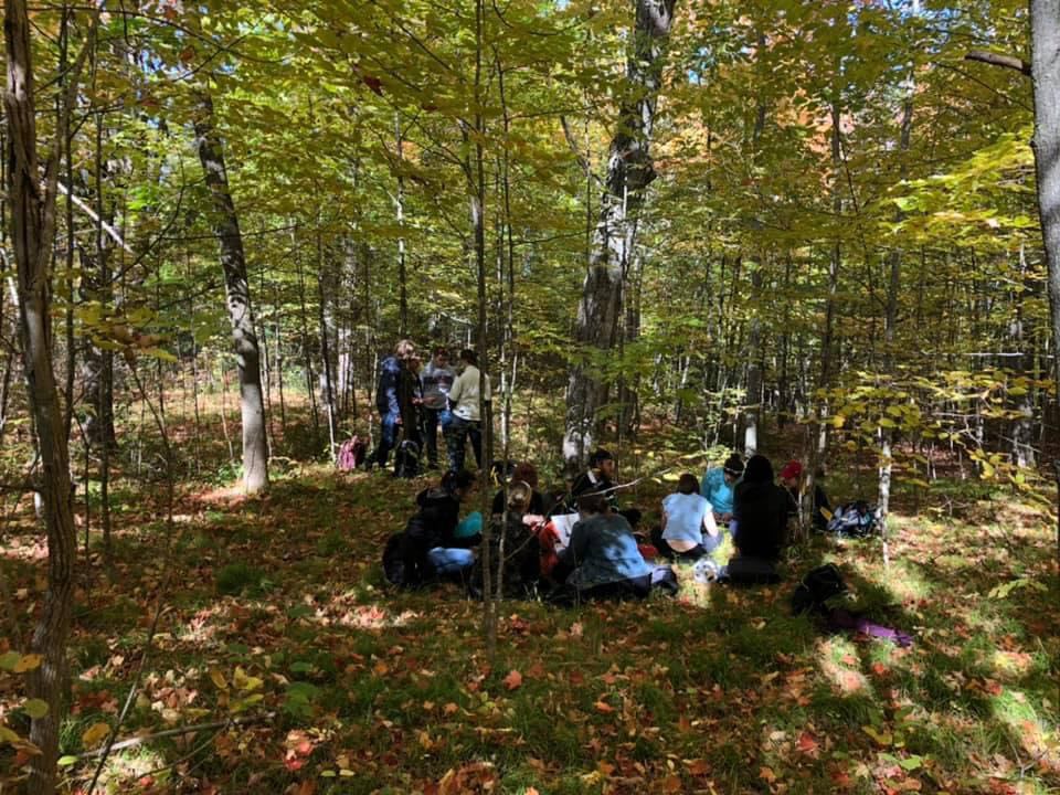 Photograph of students sitting outside in a forest doing course work