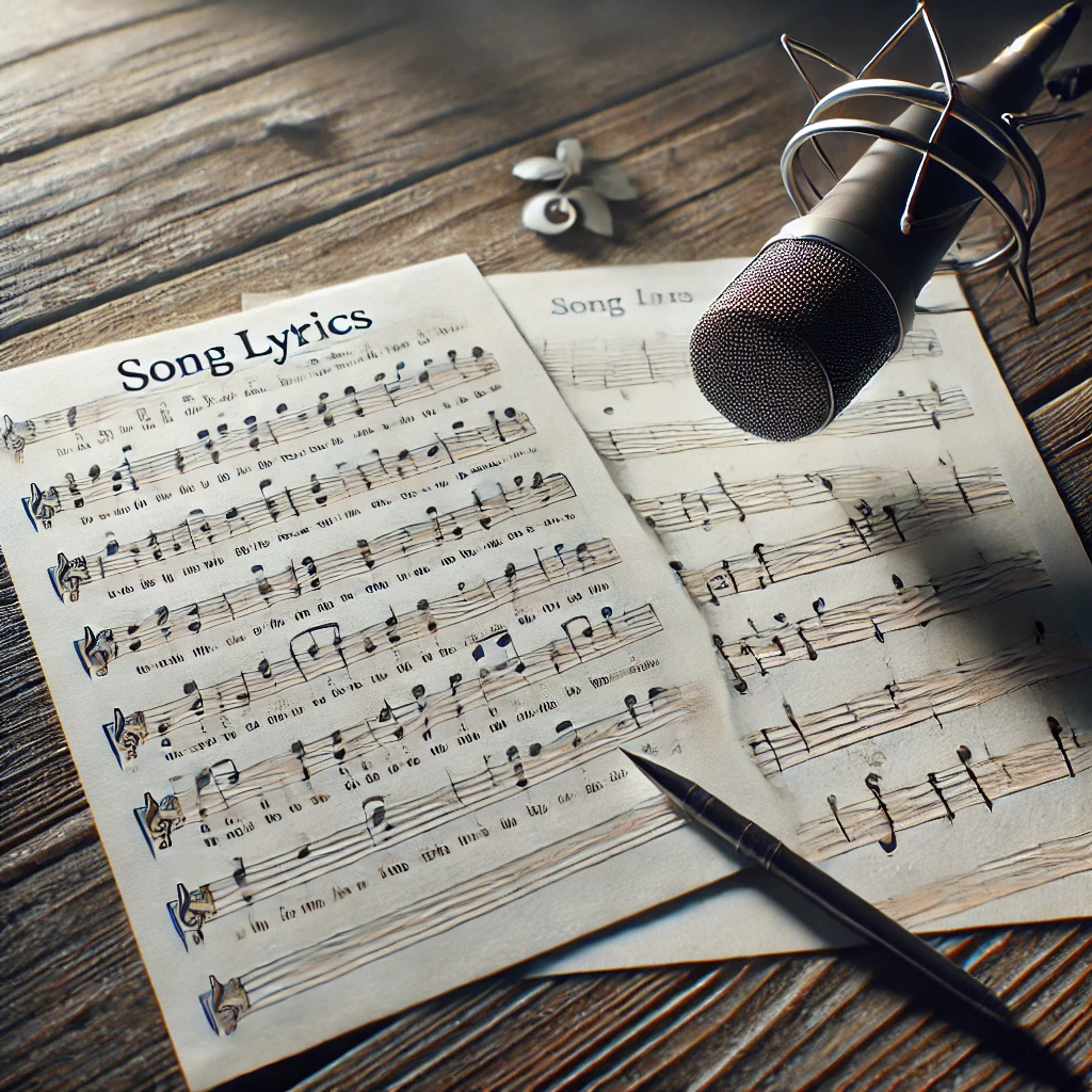 A sheet with handwritten song lyrics next to a musical staff and a microphone on a wooden table