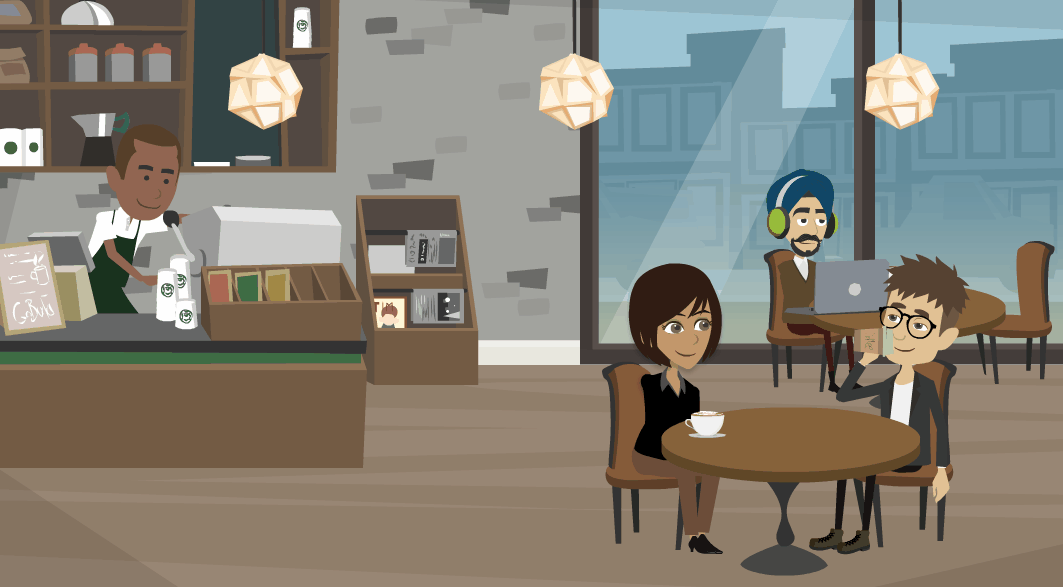 Jane Career sits at a table in a coffee shop speaking with another person.